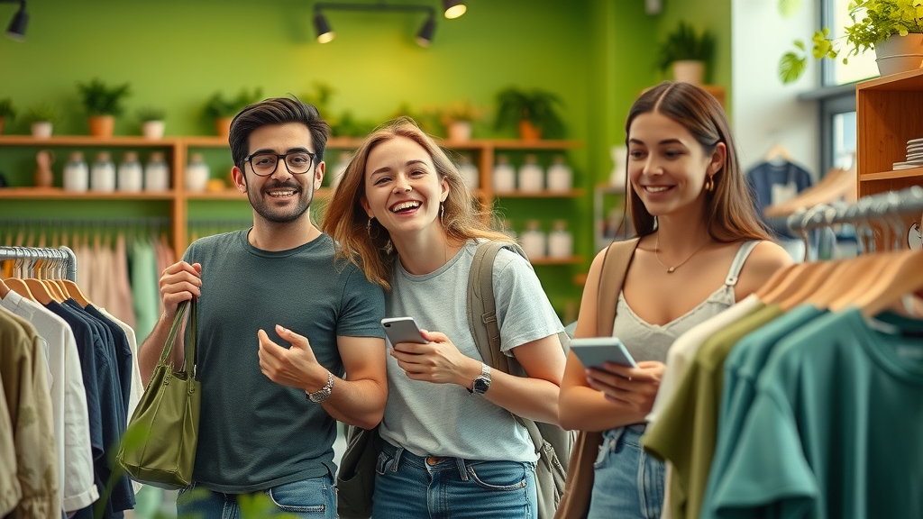 Eco-conscious shoppers browsing sustainable apparel, representing a target audience segment