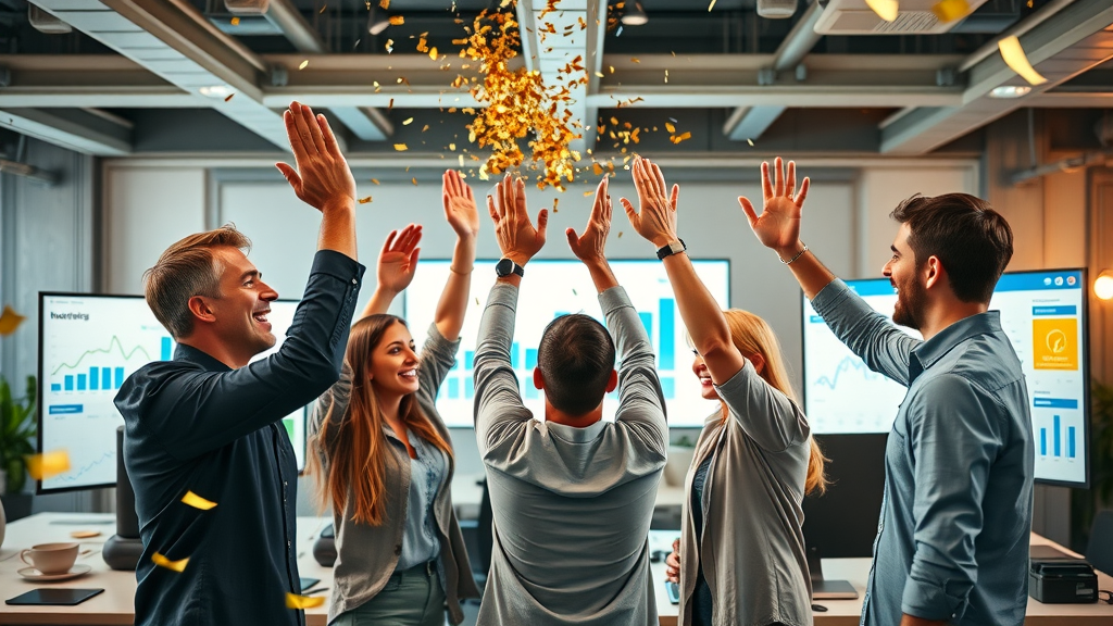 marketing team celebrating successful video content marketing campaign